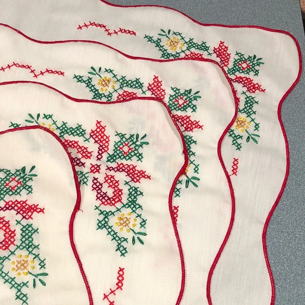 Embroidered Table Linens with Red Trim